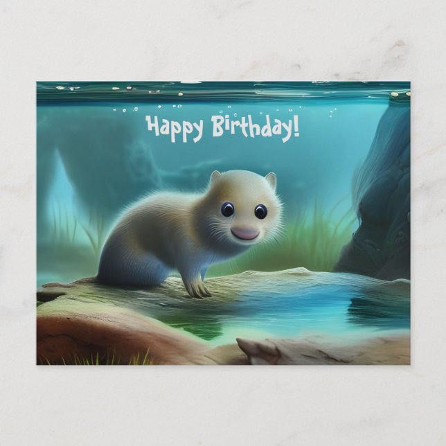 Cute baby otter in pond - personalizable birthday postcard (Front)