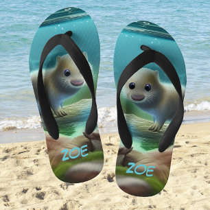 Cute baby otter in pond - personalizable kid's flip flops