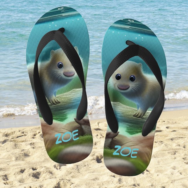 Cute baby otter in pond - personalizable  kid's flip flops (Creator Uploaded)