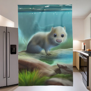 Cute baby otter in pond - tea towel