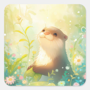 Cute Baby Otter in Sunlit Meadow with Florals Square Sticker