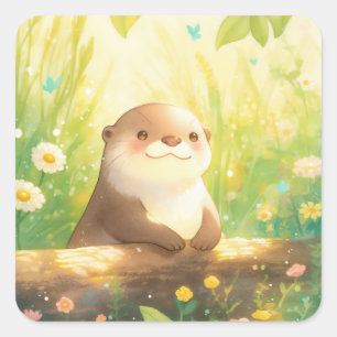 Cute Baby Otter Leaning on Log in Sunlit Meadow Square Sticker
