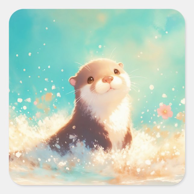 Cute Baby Otter Playing in Golden Sparkling Ocean Square Sticker (Front)