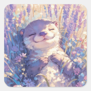 Cute Baby Otter Smiling in Meadow Purple Lavender Square Sticker