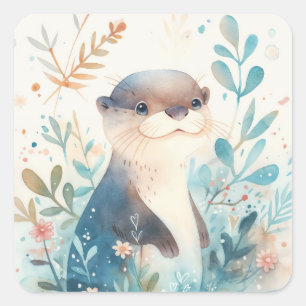 Cute Baby Otter Standing in Wildflower Square Sticker