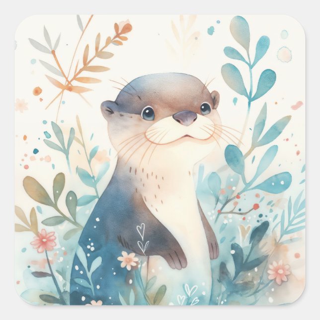 Cute Baby Otter Standing in Wildflower Square Sticker (Front)