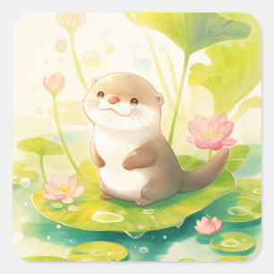 Cute Baby Otter Standing on Lily Pad Square Sticker