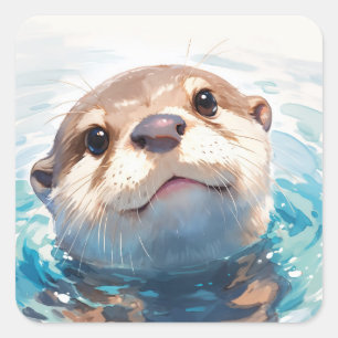 Cute Baby Otter Swimming in Blue Water Ripples Square Sticker