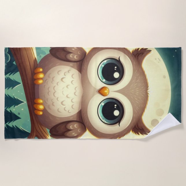 Cute baby owl at night with moon beach towel (Front)