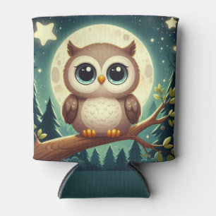 Cute baby owl at night with moon can cooler