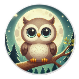 Cute baby owl at night with moon ceramic knob