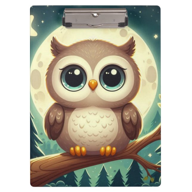 Cute baby owl at night with moon clipboard (Front)