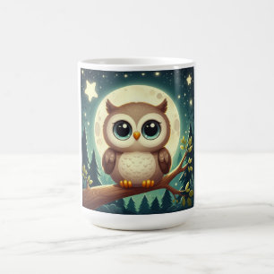 Cute baby owl at night with moon coffee mug