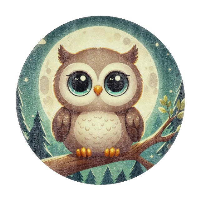 Cute baby owl at night with moon cutting board (Front)