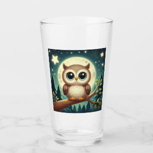 Cute baby owl at night with moon glass