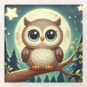 Cute baby owl at night with moon glass coaster