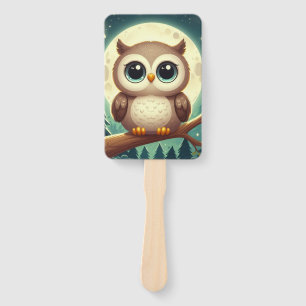 Cute baby owl at night with moon hand fan