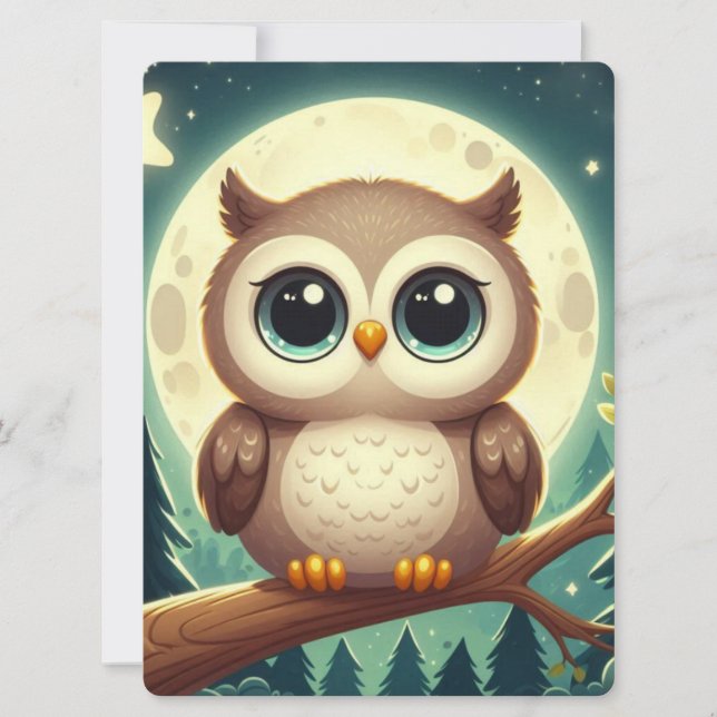 Cute baby owl at night with moon holiday card (Front)
