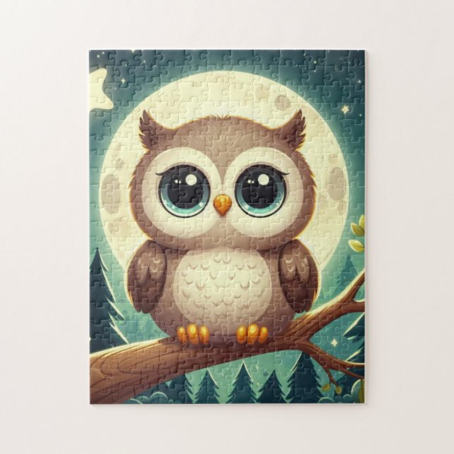 Cute baby owl at night with moon jigsaw puzzle (Vertical)