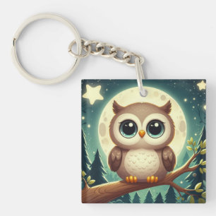 Cute baby owl at night with moon key ring