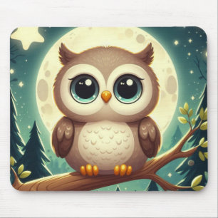 Cute baby owl at night with moon mouse mat