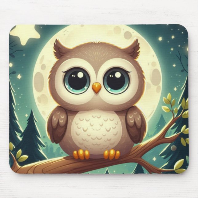 Cute baby owl at night with moon mouse mat (Front)