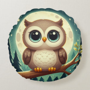 Cute baby owl at night with moon round cushion