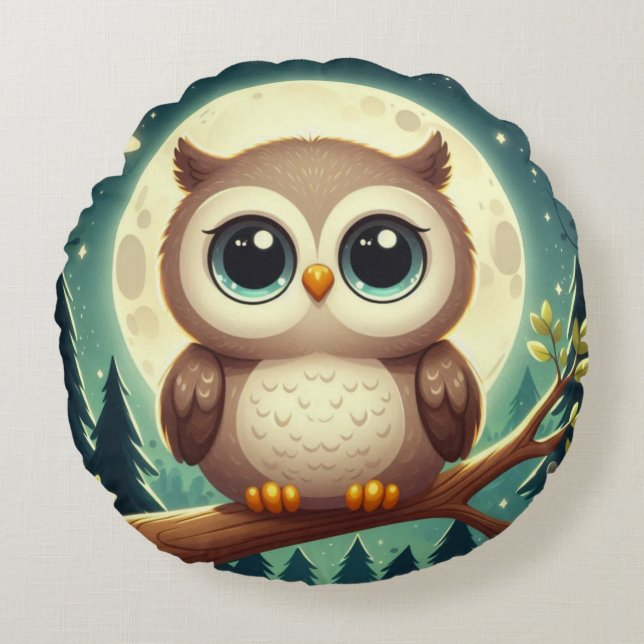 Cute baby owl at night with moon round cushion (Front)