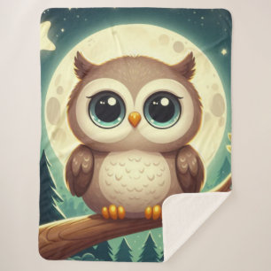 Cute baby owl at night with moon sherpa blanket