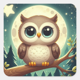 Cute baby owl at night with moon square sticker