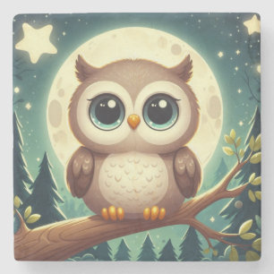 Cute baby owl at night with moon stone coaster