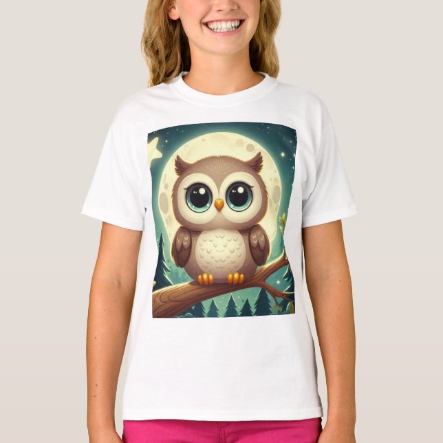 Cute baby owl at night with moon T-Shirt (Front)