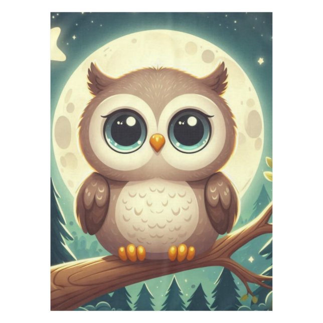 Cute baby owl at night with moon tablecloth (Front)