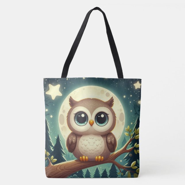 Cute baby owl at night with moon tote bag (Front)