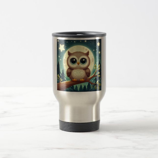 Cute baby owl at night with moon travel mug (Center)