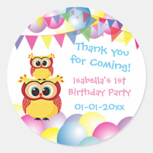 Cute baby owl child's birthday thank you classic round sticker