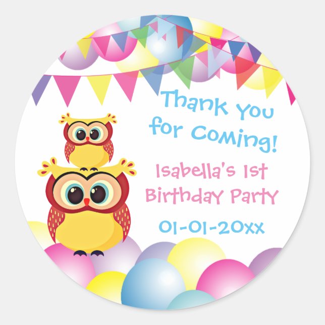 Cute baby owl child's birthday thank you classic round sticker (Front)