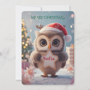Cute Baby Owl Christmas Personalised Name Holiday Card