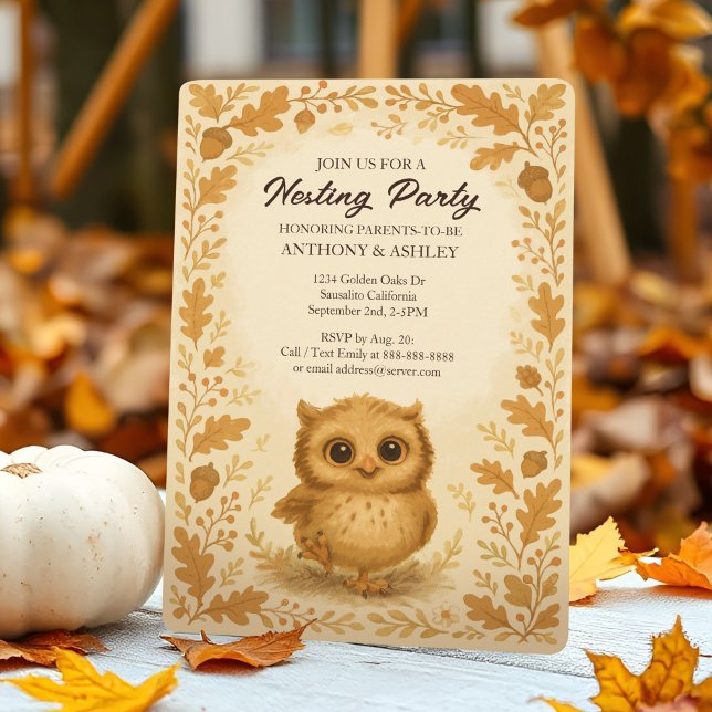 Cute Baby Owl Fall Shower Woodland Nesting Party Invitation (Cute Fall nesting party baby shower invitation with a whimsical baby owl in adorable woodland style.)
