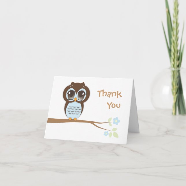 Cute Baby Owl in Blue Thank You Card (Front)