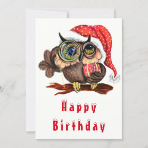 Cute Baby Owl In Christmas Hat and Gift - Birthday