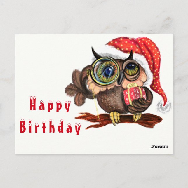 Cute Baby Owl In Christmas Hat and Gift - Birthday Postcard (Back)