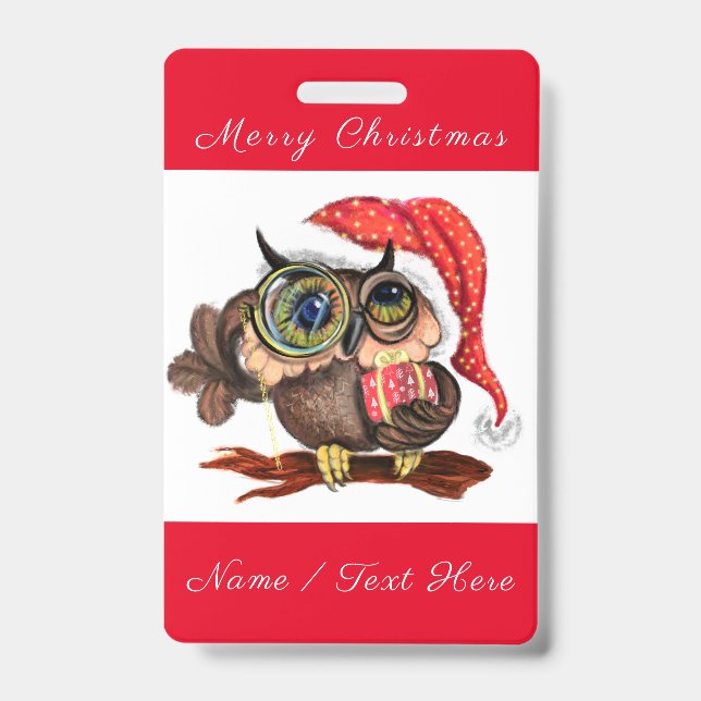 Cute Baby Owl In Christmas Hat and Gift - Cartoon  ID Badge (Front)
