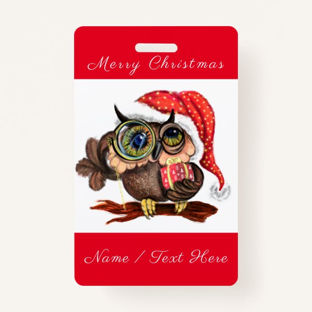 Cute Baby Owl In Christmas Hat and Gift - Cartoon  ID Badge (Front)