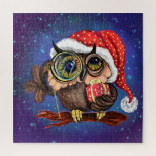 Cute Baby Owl In Christmas Hat and Gift - Cartoon Jigsaw Puzzle