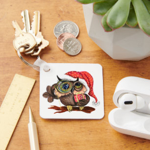 Cute Baby Owl In Christmas Hat and Gift - Cartoon Key Ring