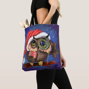 Cute Baby Owl In Christmas Hat and Gift - Cartoon Tote Bag
