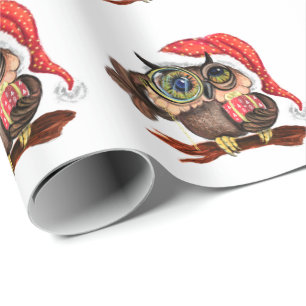 Cute Baby Owl In Christmas Hat and Gift - Cartoon  Wrapping Paper