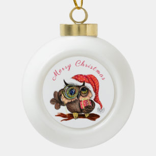 Cute Baby Owl In Christmas Hat and Gift For You Ceramic Ball Christmas Ornament
