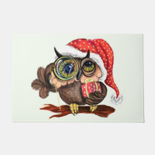 Cute Baby Owl In Christmas Hat and Gift For You Doormat